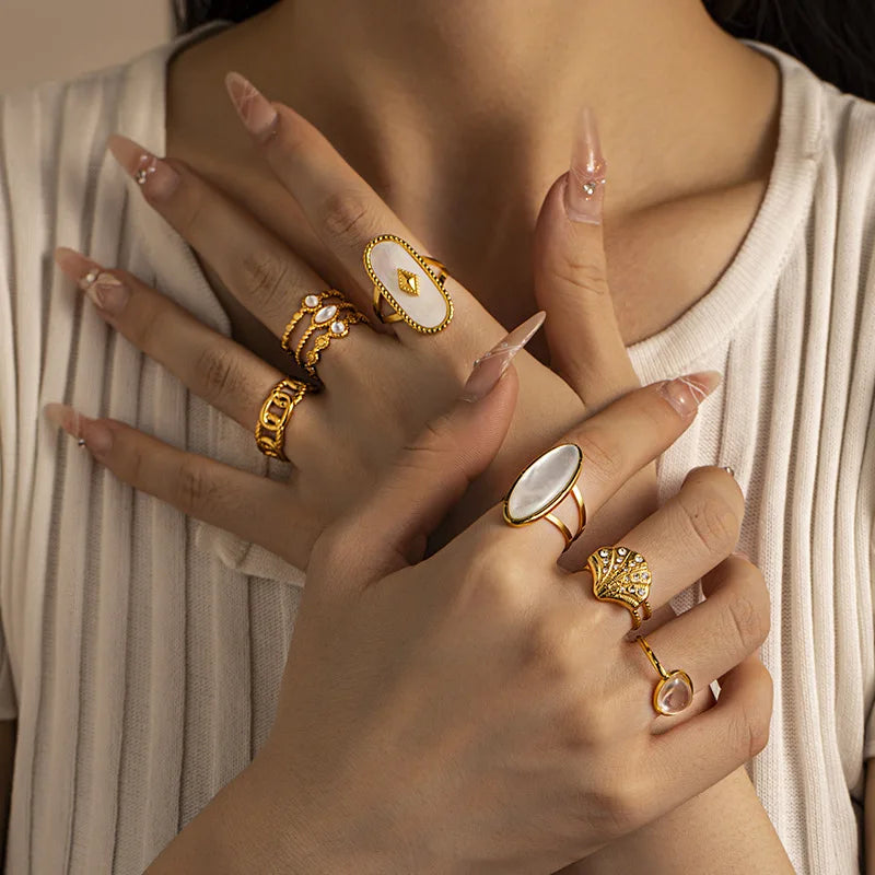 18K Gold Plated Stainless Steel Women's Adjustable Ring Fashionable Waterproof Mother Pearl Statement for Anniversary