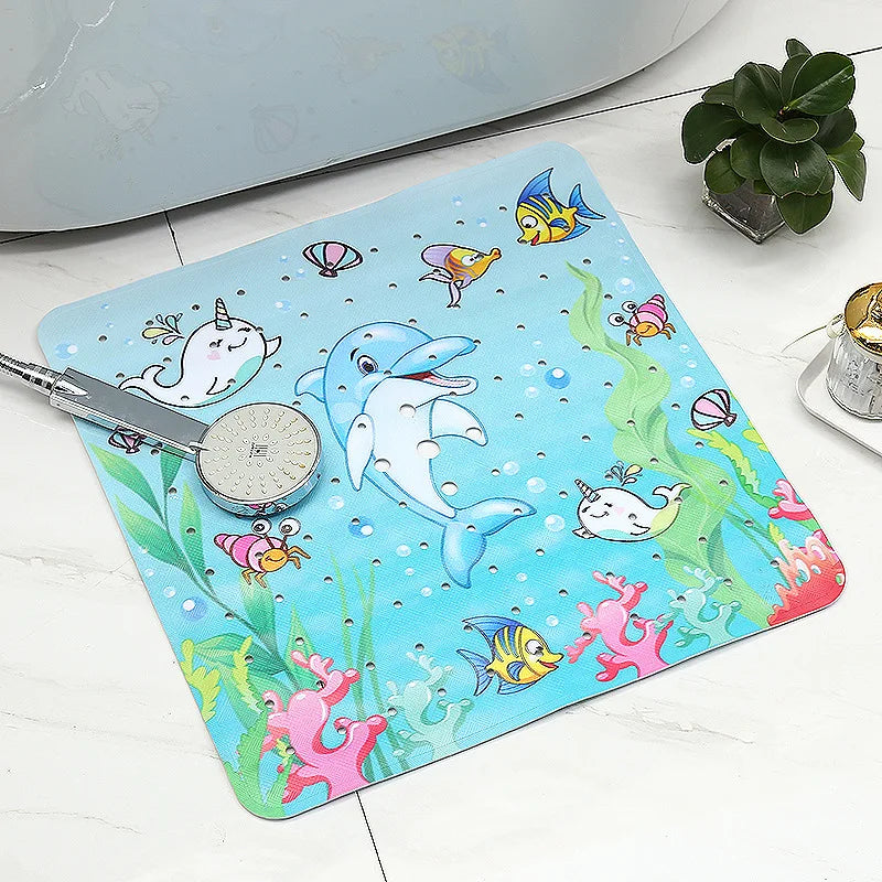 54x54CM Square Print PVC Non-Slip Shower Mat with Suction Cups Drain Hole Machine Washable Anti-Slip Safety Bathtub Bathroom Mat