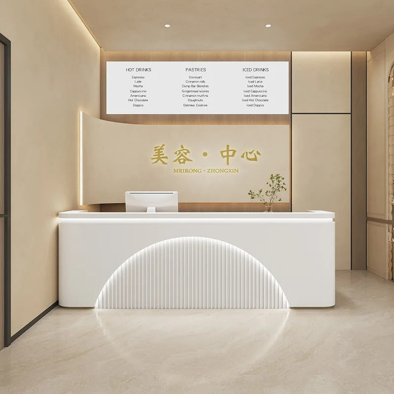 Luxury LED Customizable Color Modern Wood Reception Desk for Barber Shop Beauty Salon Office Building & Mall Applications