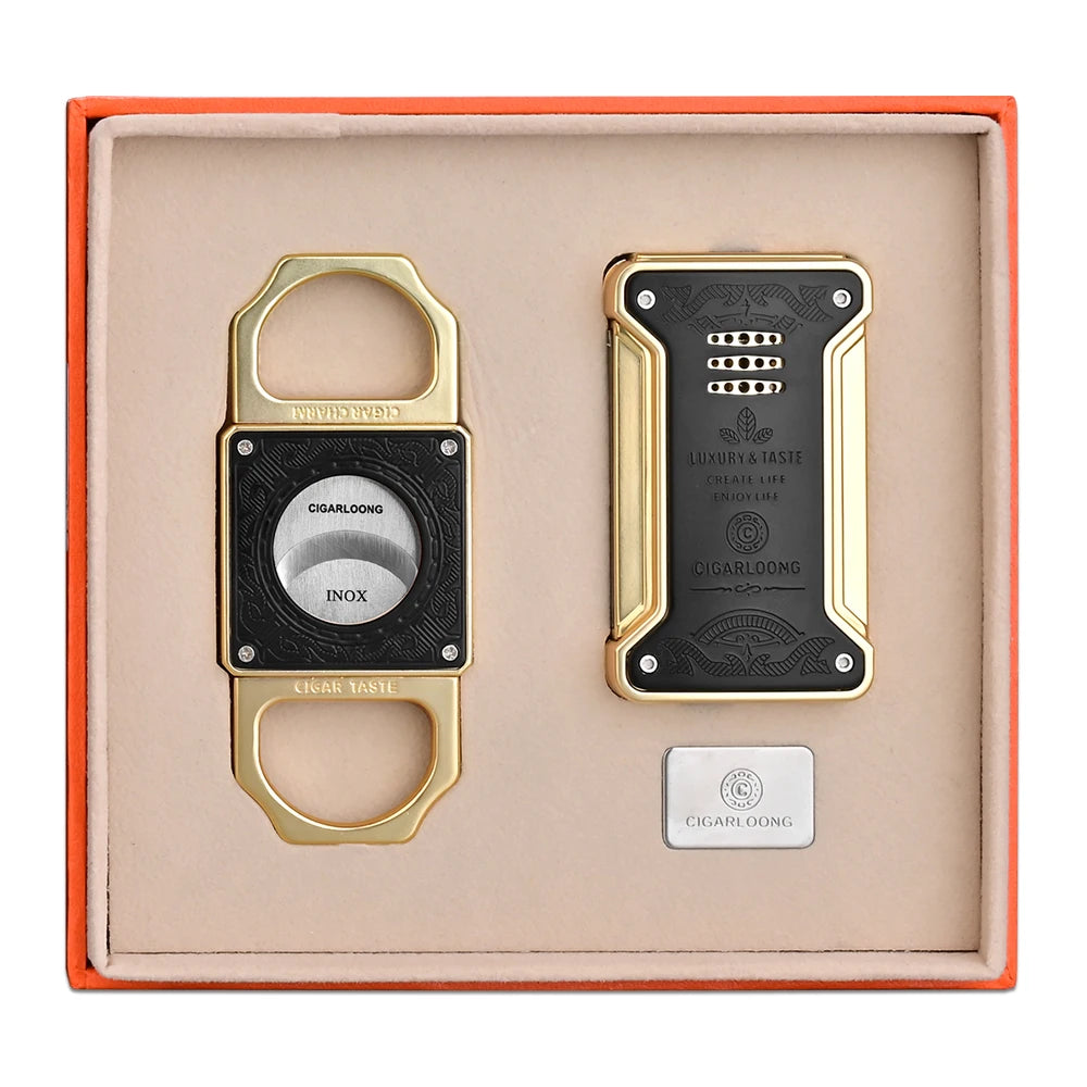 CIGARLOONG High-grade Retro Windproof Torch Lighter Portable Stainless Steel Sharp Cigar Cutter 2-piece Cigar Accessories Set