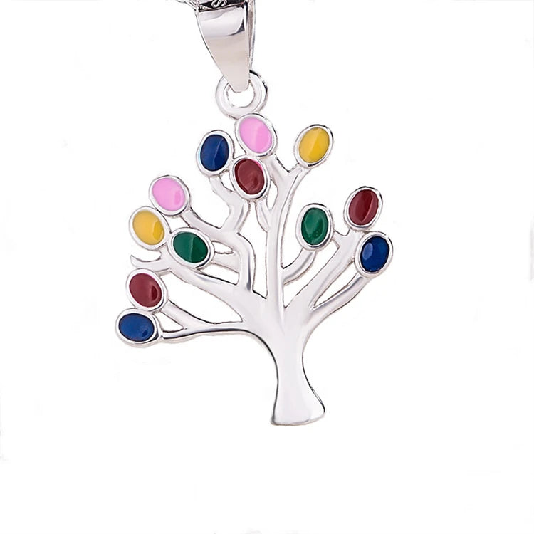 Wholesale Fashion Women 925 Sterling Silver Colorful Enamel Tree of Life Pendant Necklace