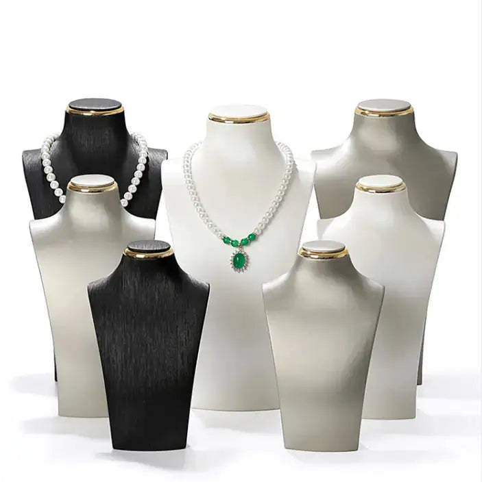 Hot Sale Luxury Gold Line Microfiber Leather Bust Mannequin Necklace Display Stand Premium Jewelry Container