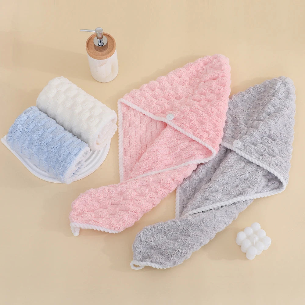 Women's Microfiber Bath and Hair Dry Cap Quick Drying 25x65cm Coral Velvet Towel for Home & Travel Use
