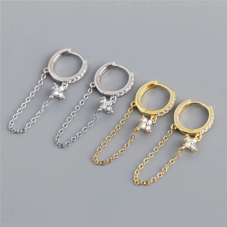 SP Zircon Tassel 925 Sterling Silver Long Link Chain Style Zircon Hoop Earrings for Women