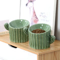 OEM ODM Popular Cactus Pattern Target Green White Ceramic Pet Bowl Tilted Elevated Ceramic Pet Bowl Cactus