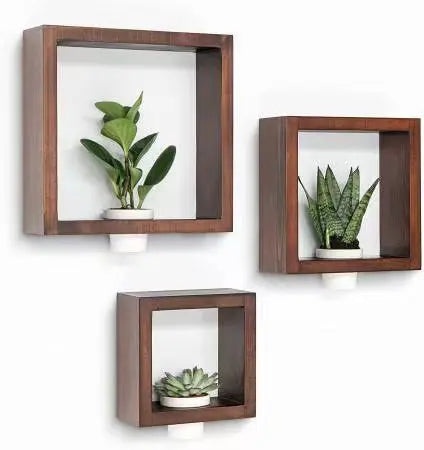 3pcs Wall Shelf Set Solid Pine Wood Including White Ceramic Planters | Handmade Exquisite Decoration for Home Office