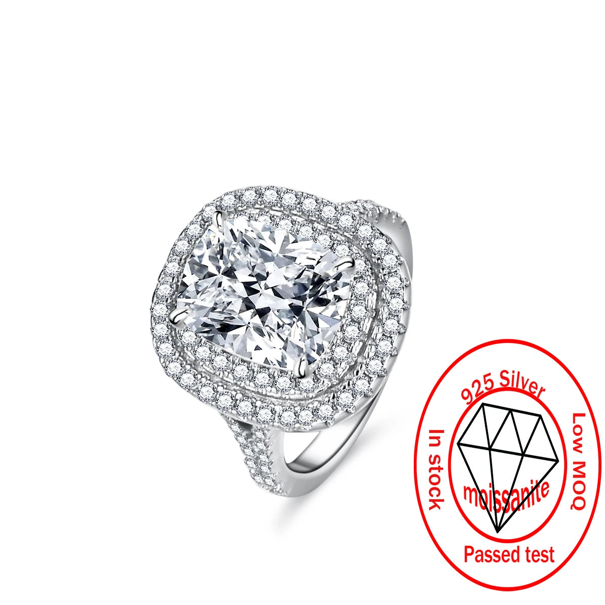 Fine Jewelry Fashion Diamond Cushion Cut S925 Sterling Silver Rings Engagement Women's Wedding White Gold Moissanite Ring