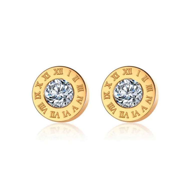 Wholesale Simple No Fade Titanium Steel Women Fashion Round Diamond Roman Numerals Stud Earrings
