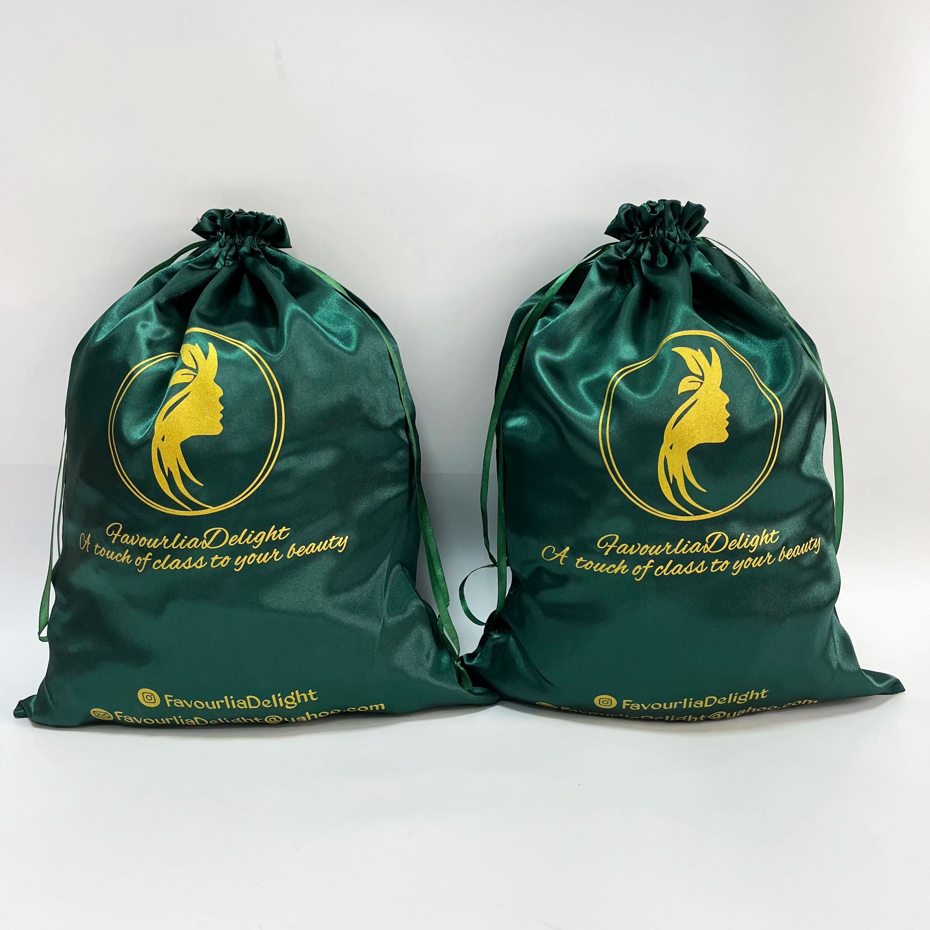 Custom Logo Printed Silk Drawstring Bags Dustproof Bag Green Satin Pouch for Hair Wig Packaging