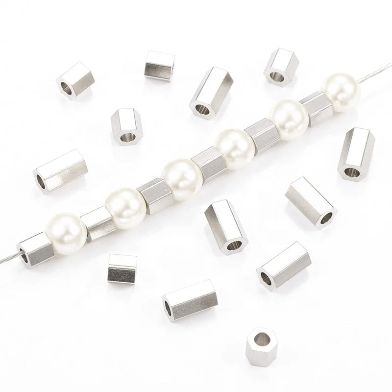 New Fashion Hexagonal Bead Block Stainless Steel Perforated Necklace Bracelet Bead for DIY Jewelry Making Plated Findings