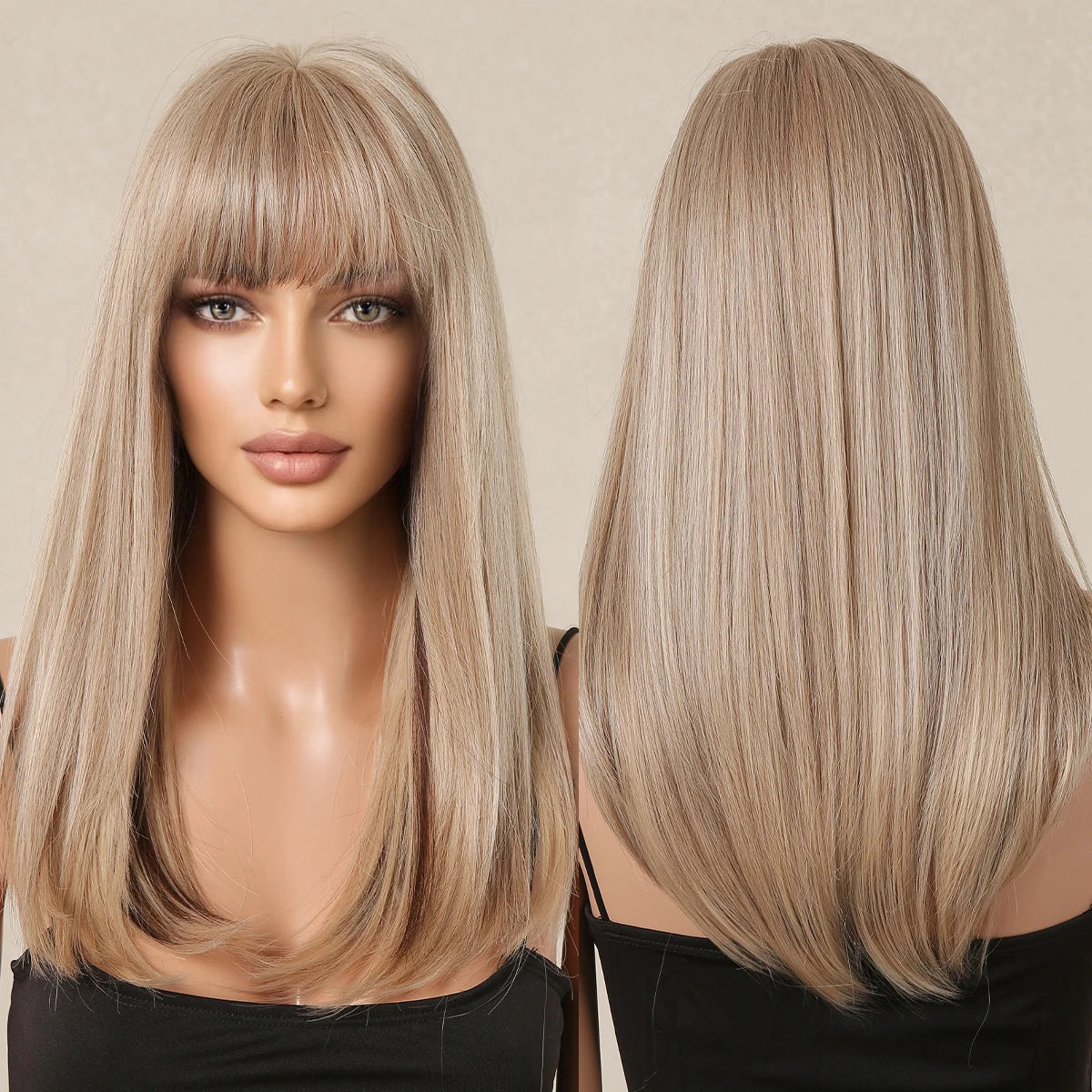 Factory Fast Delivery Long Blonde Highlight Synthetic Wig Long Layered Straight Wigs with Bangs for Women Natural Mixed Blonde