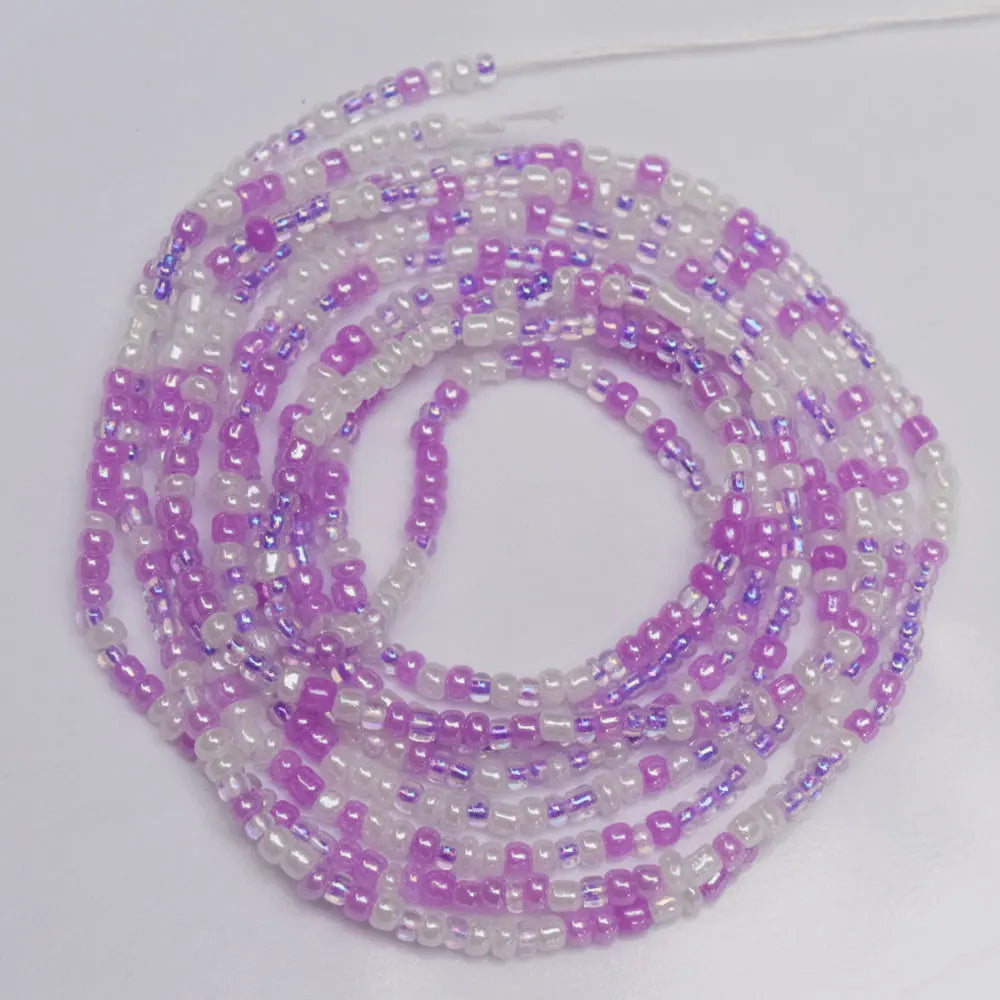 Purple White Mix Fashion African Mix Glass Seed Beads Tie on Waist Beads Belly Body Chain Double Cotton String for Ladies