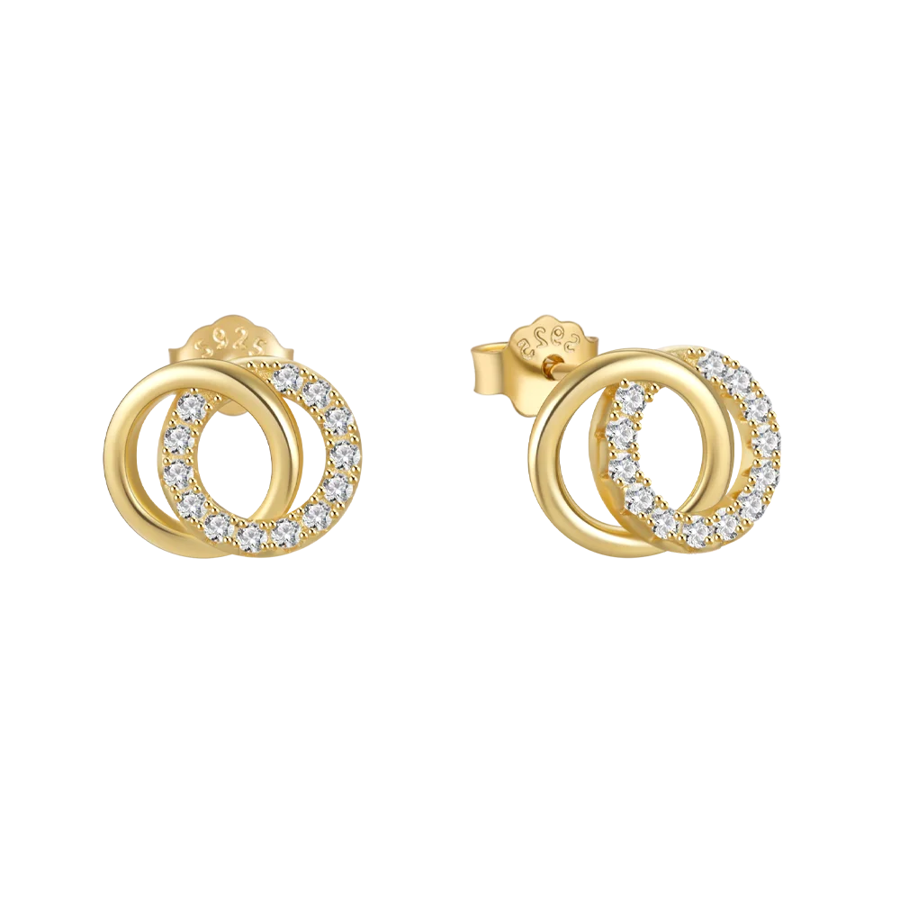 Fashion Jewelry 925 Sterling Silver Earrings Hollow Two Round Circle Diamond Zircon Gold Plated Stud Earrings for Women