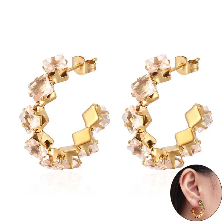 Tarnish Free 28mm Square Diamond Hoop Earrings 18k Gold Plated Fashion Jewelry 316l Stainless Steel Zircon Earring