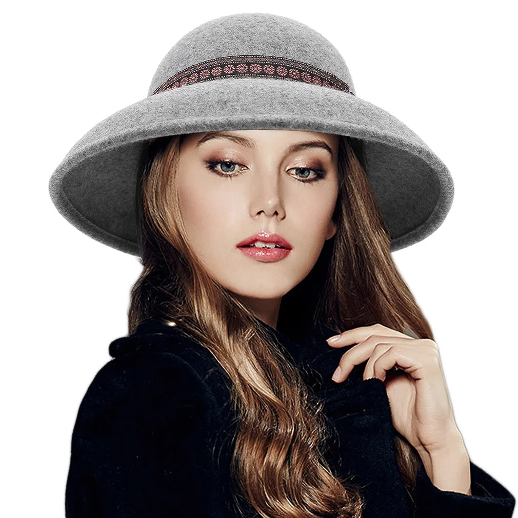 H7240  Women's Retro French Woolen Dome Cap Female Bucket Church Hat for Outdoor Scenes Wool Fedoras Hat