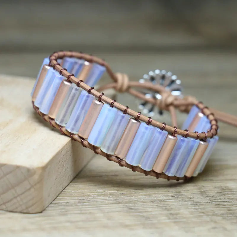 Handmade Dainty Opal Beaded Bracelet for Women Vintage Leather Wrap Tube for Yoga Meditation Main Stone Agate