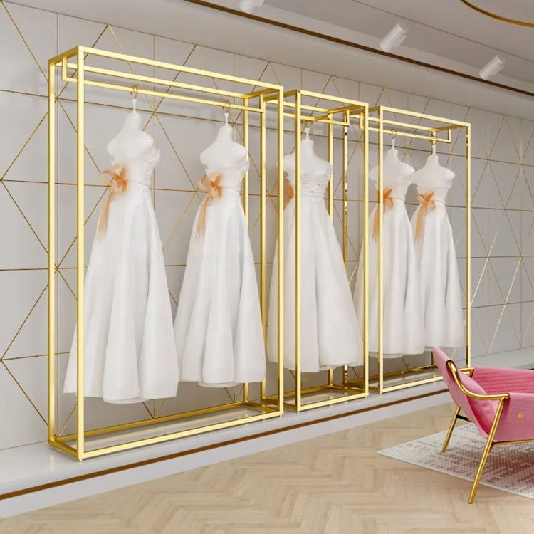 Bridal Shop Decorations Plating Gold Clothing Stand Wedding Dress Display Rack for Retail Boutique Store Furniture MegaBDM