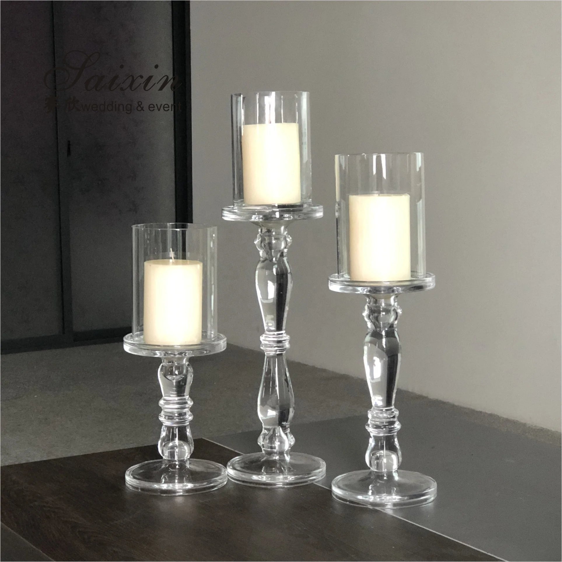 Saixin ZT-048 Custom Size Glass Pillar Candle Holder New Design for Home Decoration for Wedding Christmas and Valentine's Day