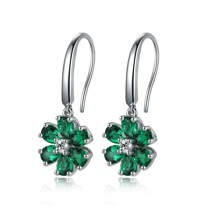 Sterling Silver 925 Flower MuUZO Green Columbian Lab Emerald Earrings for Women Girl Her
