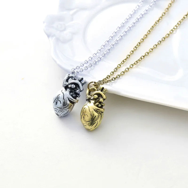 Copper Alloy Anatomical Organ Heart Pendant Metal Chain Necklace Locket Necklace for Men Birthday with Gold and Silver