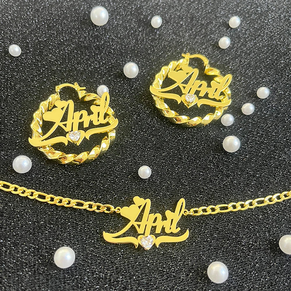 QIUHAN 4pcs Birthday Zircon Customized Name Earrings Hoop Necklace Jewelry Set