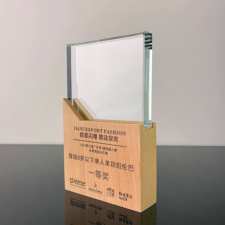 Blank Crystal Wooden Glass Crystal Trophy with Wooden Base Plaques Trophy MH-NJ0119