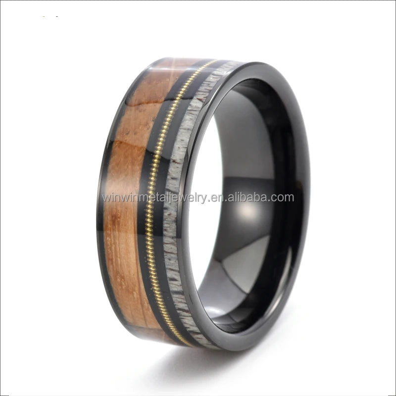 8mm Fashion Flat Black Tungsten Carbide RingWhiskey Barrel Wood Antler Gold Guitar String Inlay Mens Womens Wedding Band