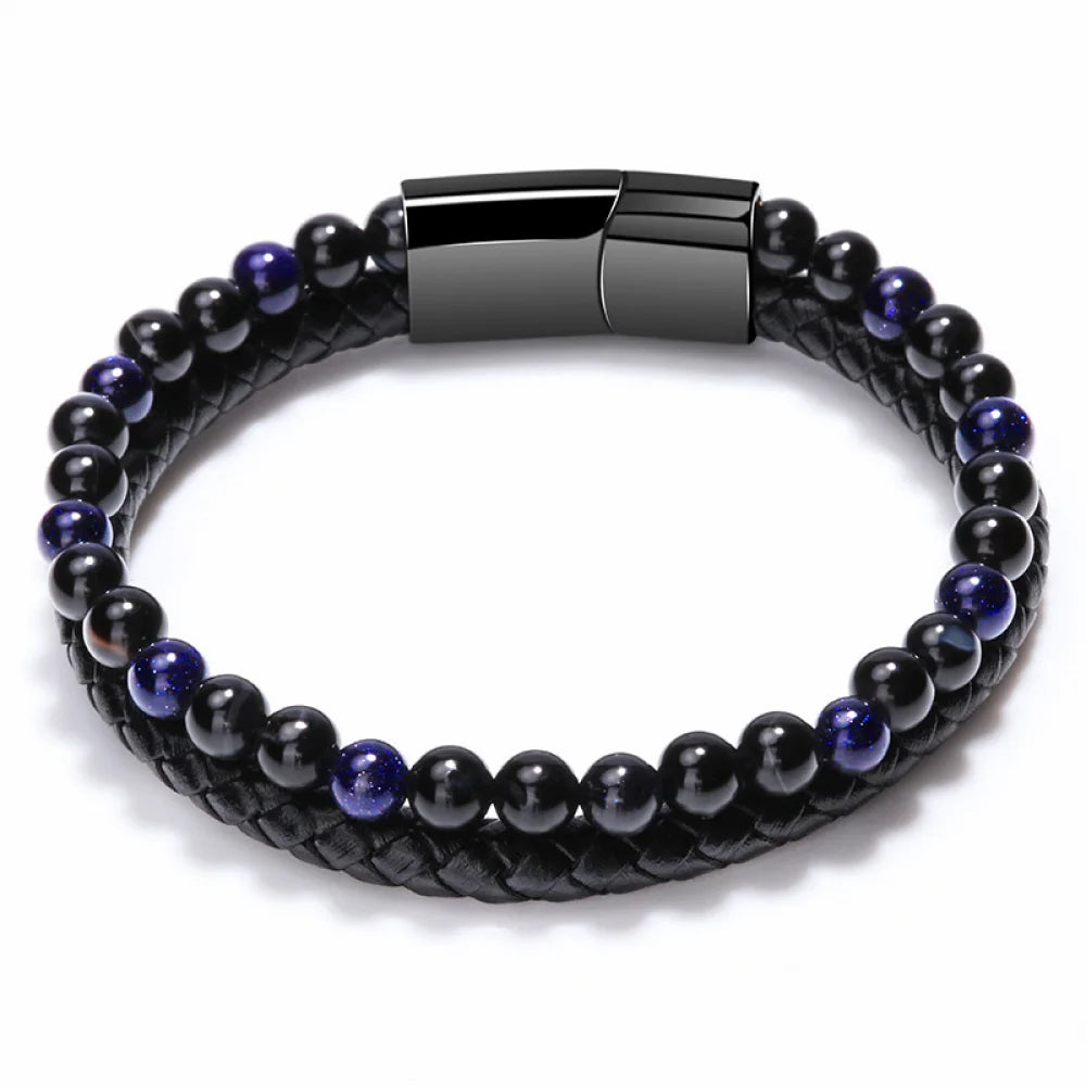 Men Fashion Jewelry Leather Rope Magnetic Clasp Agate Natural Tiger Eye Stone Beaded Bracelets