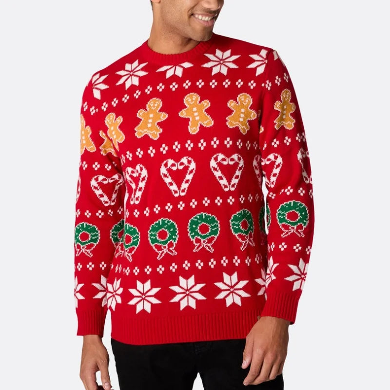 Classic Red Men's Christmas Sweater with a Cute Reindeer Light-Up Santa Claus Graphic Festive Holiday Theme for Autumn Season
