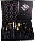24 Pieces Silver Plated 16Pcs Stainless Steel Luxury Wedding Black Handle Gold Cutlery Set Flatware MegaBDM