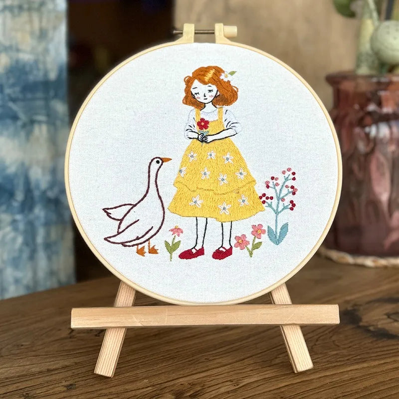 New Diy Embroidery with Hoop Cute Girl Material Package Kit Animals Cross Stitch for Beginner MegaBDM