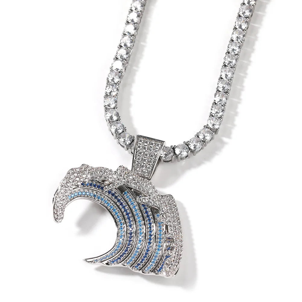 Personalized Iced out Bling Sea Wave Pendant Zircon-Embellished Brass Necklace Trendy Wedding Jewelry Gift for Women and Men