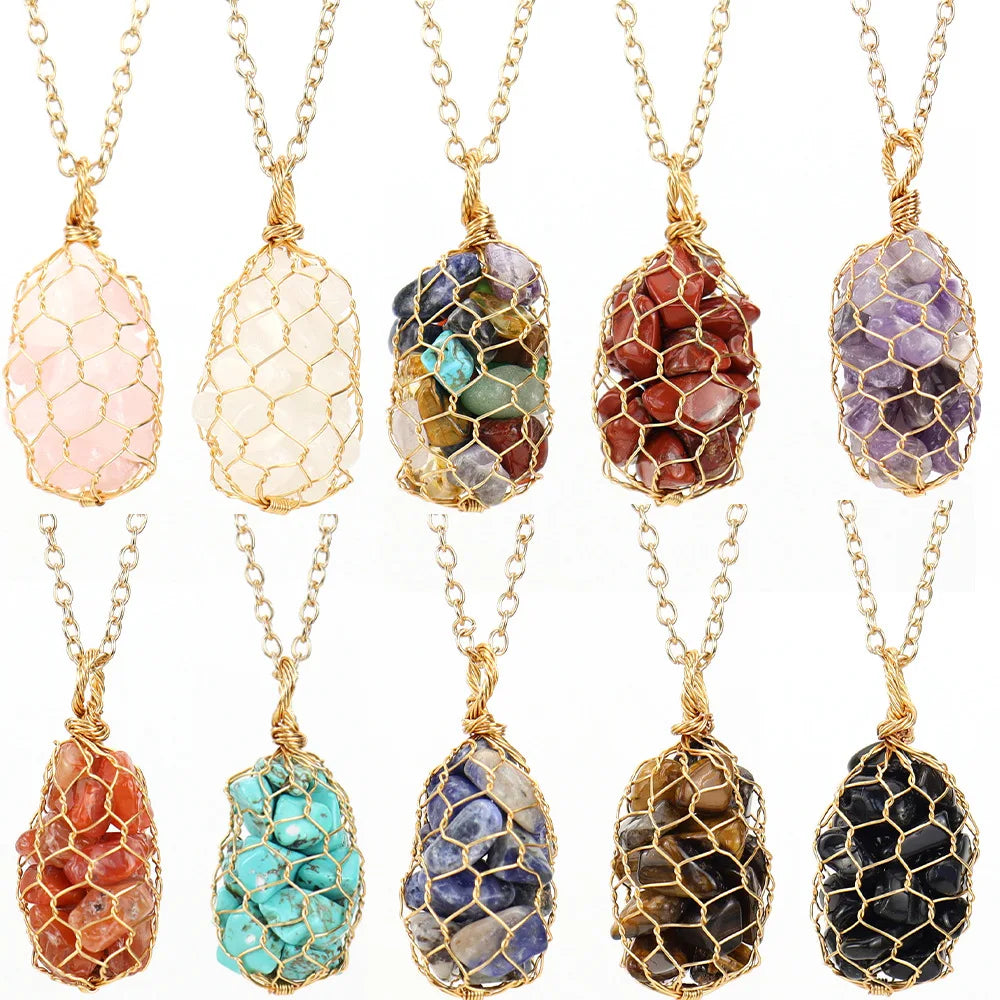 Natural Raw Chip Stone Pendant Necklace Hand Wire Wrapped Gravel Healing Gemstone Pendant Necklace