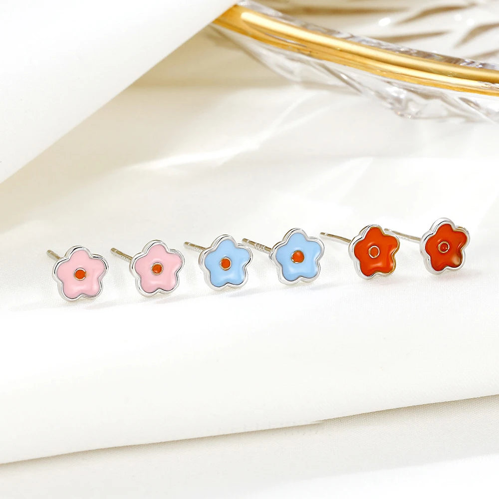 925 sterling silver small fashion women colored enamel flower stud earrings