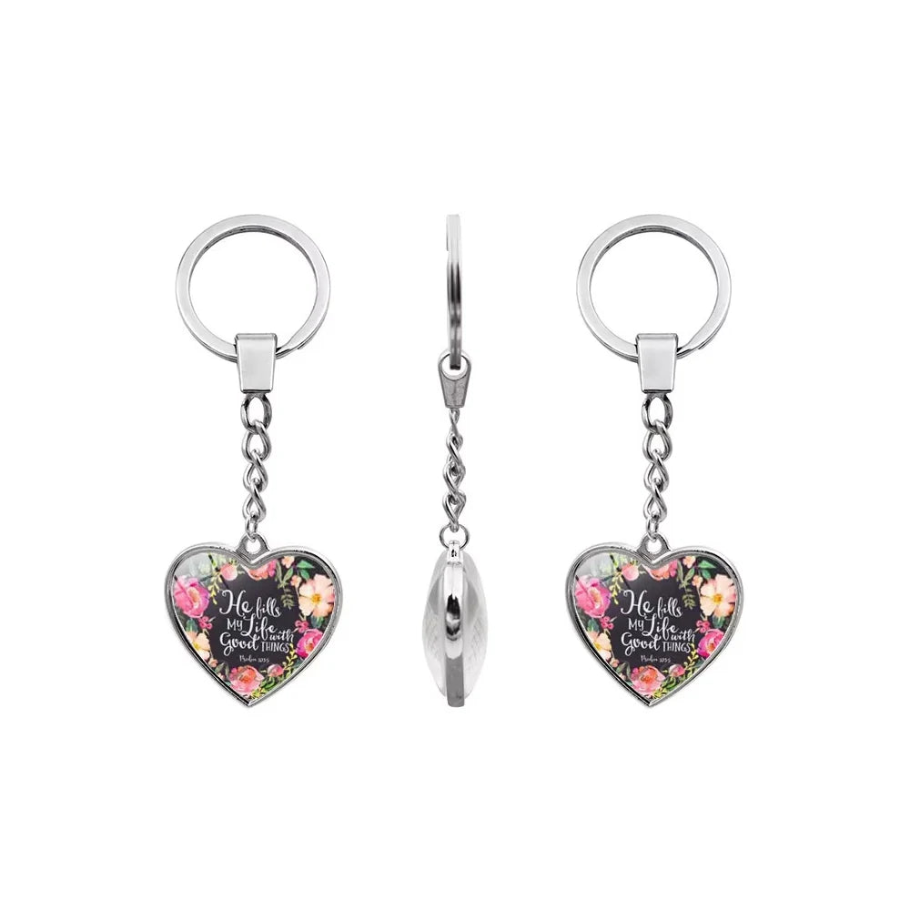 Lovely Bible KeyChain Jesus Prayer Glass Pendant KeyRing Christian Faith Quotation Jewelry