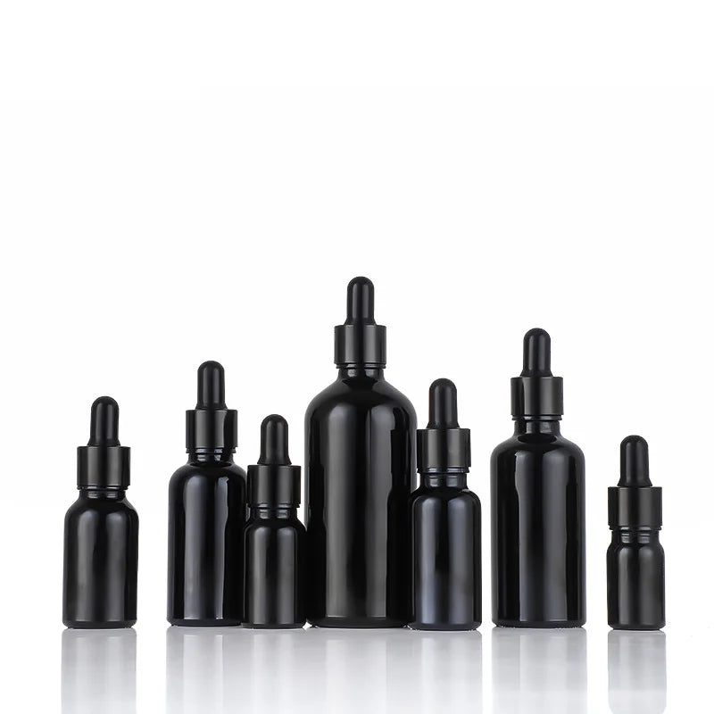 Brilliant Black Round Shoulder Essential Oil Glass Dropper Bottle Refined Cosmetic Oil Pipette for Skin Care Serum