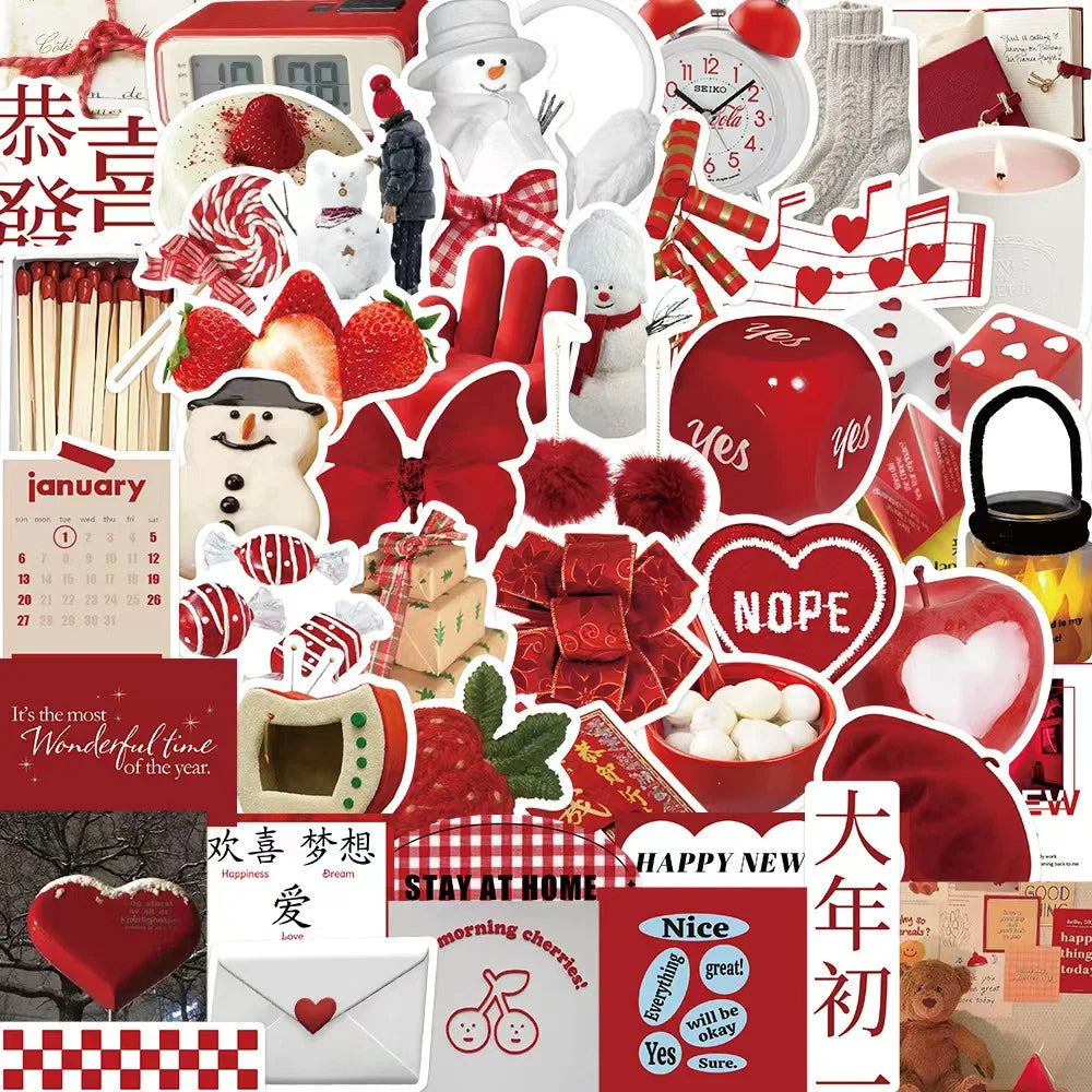 50pcs Red New Year Popular Hand Ledger Graffiti Stickers Packs for Can Be Decorated Luggage DIY  Waterproof Vinyl