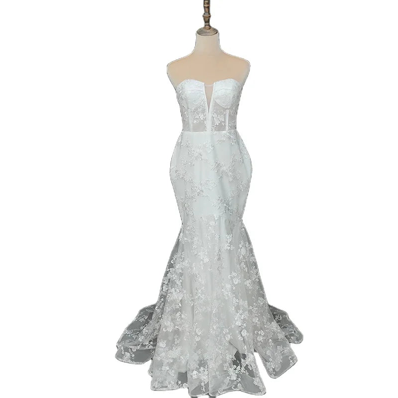 13842# Elegant V-neck Illusion Lace Appliques Zipper Mermaid Sweep Train Wedding Dress Exquisite Sleeveless Bridal Gown New