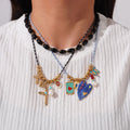 Colorful Wax Rope Stainless Steel Enamel Butterfly Tarot Cross Pendant Necklace Natural Black Agate Healing Stone Necklace