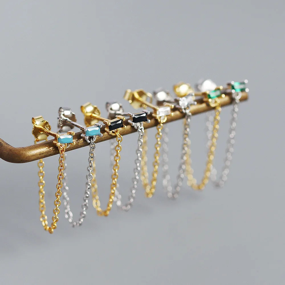 2024 NEW 925 Sterling Silver Stacked Long Tassel Earrings Ins Zircon Chain Trendy Stud Earring for Women Jewelry
