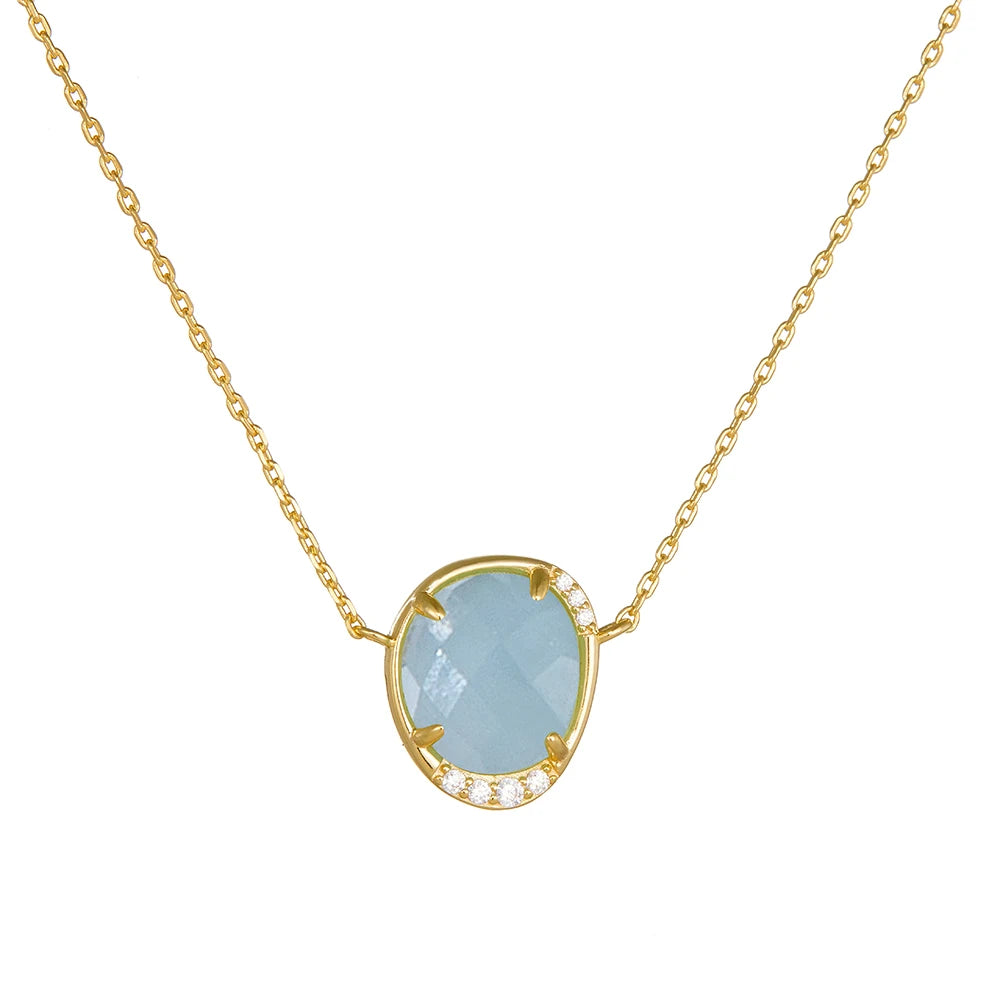 Fashion Fine Jewelry 925 Sterling Silver Chain Necklace Jewelry Women Zircon Oval Natural Sapphire Gemstone Pendant Necklace