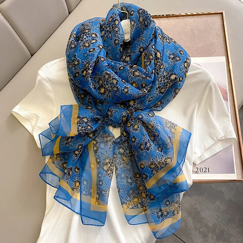 Spring Summer Ladies Stylish Soft Yarn Silk Like Shawls Hijabs Women Black and Blue Flower Beach Cover Sunscreen Wraps Scarf