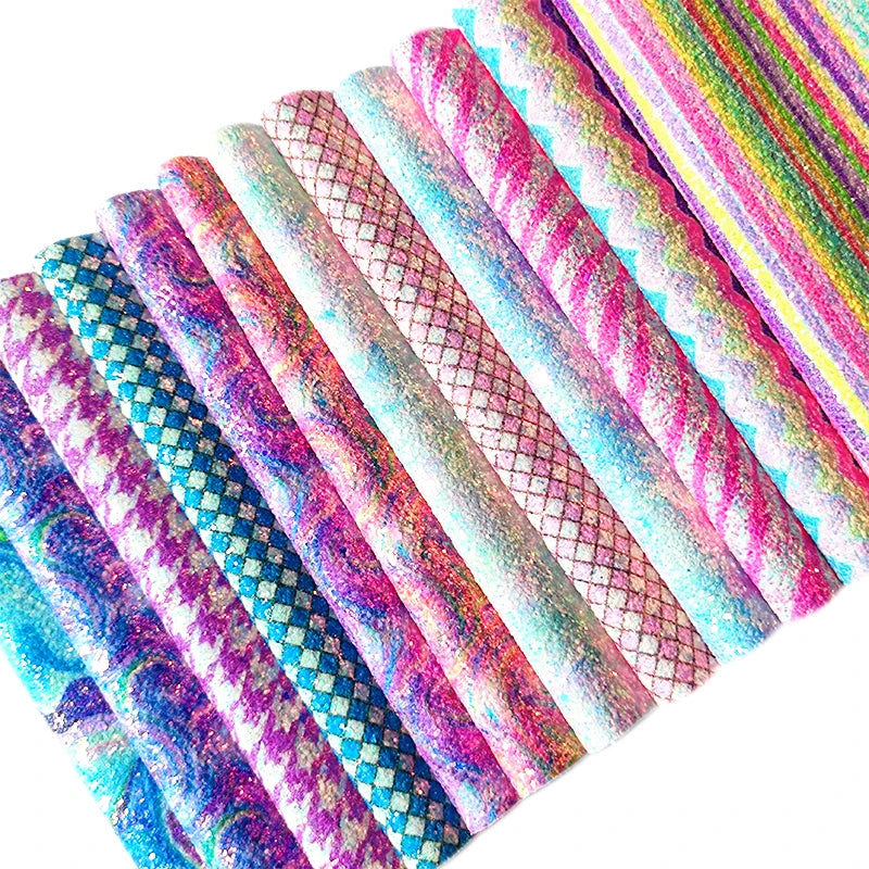 Printed Neon Chunky Glitter Faux Leather Sheets Shiny Fluorescent Solid Color PU Leather Mixed Color Sequins Synthetic Sheets C