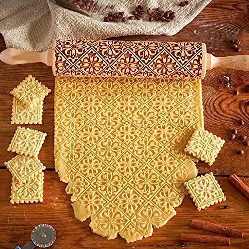 Wooden Embossed Rolling Pin for Baking Easter Christmas Patterned Rolling Pin Baking Embossed Cookies Decor