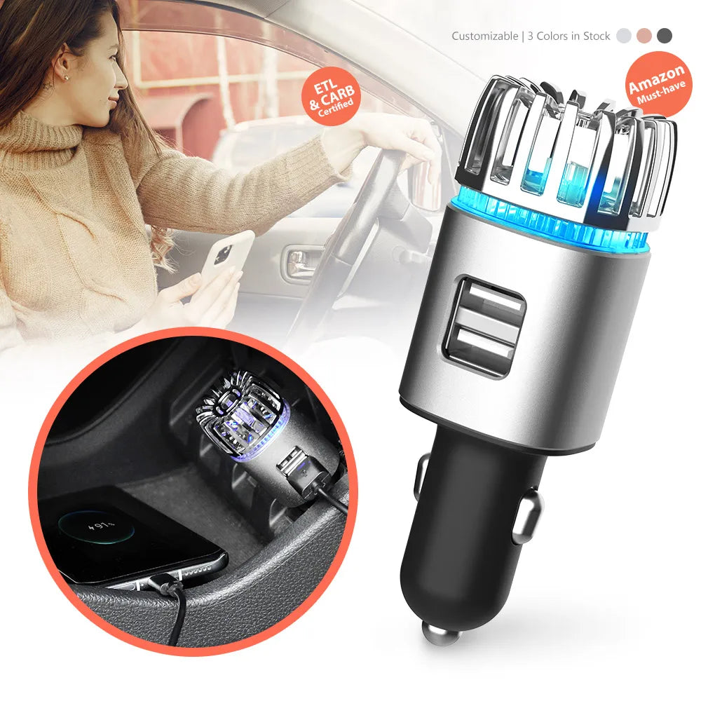 CE RoHS FCC ETL CARB EO Number 2-In-1 USB Charger Plug in Small Auto Air Cleaner Mini Car Air Purifiers