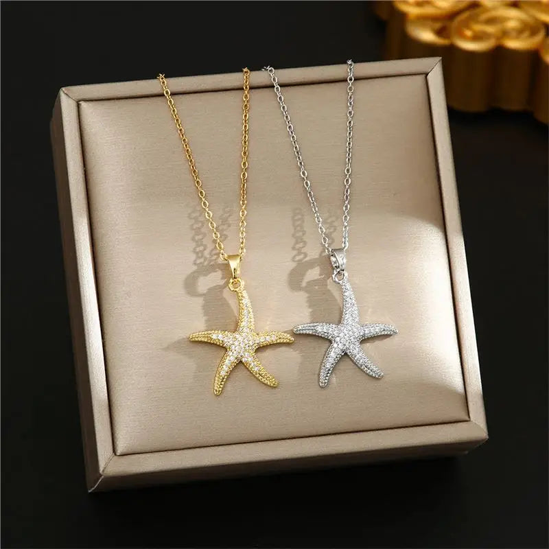 PVD Gold Starfish Custom Stainless Steel Waterproof Animal Pendant DDP Logistic Zircon Punk Charm Cute Fashion Necklace