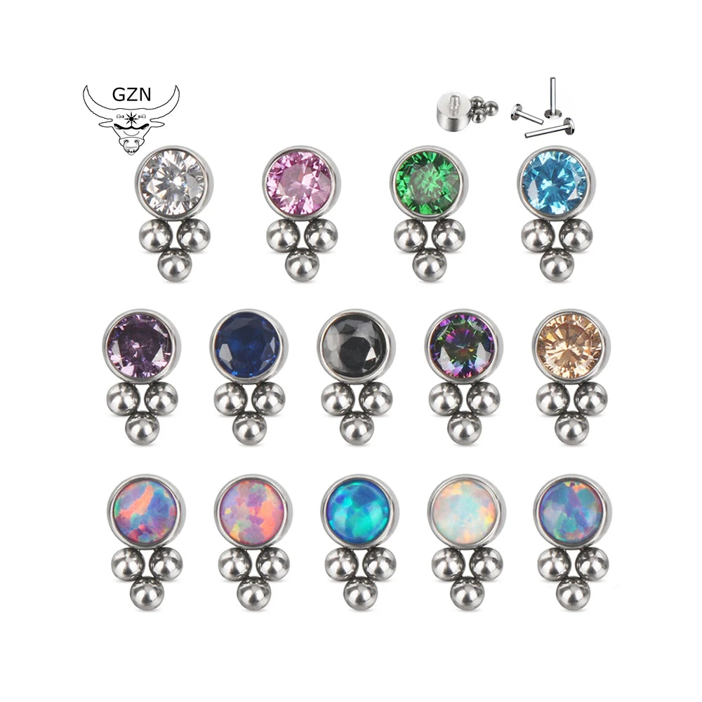 Simply ASTM G23 Titanium Internally Threaded 3 Balls Cluster With CZ Bezel Set Top Simply Labret Nose Earring Piercing Jewelry