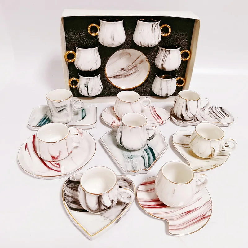 New Arrival Luxury 12pcs Porcelain Turkish Tea Cup & Saucer Set Ceramic Coffee Set with Gift Box for Occasions