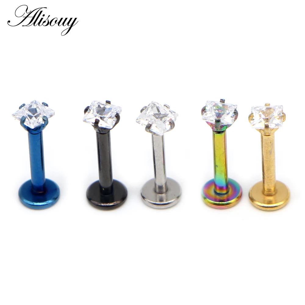 Alisouy 1pc 16G Titanium Anodized Internally Threaded Prong Top  Labret Lip Piercing Zircon Labret Ring Tragus Earrings