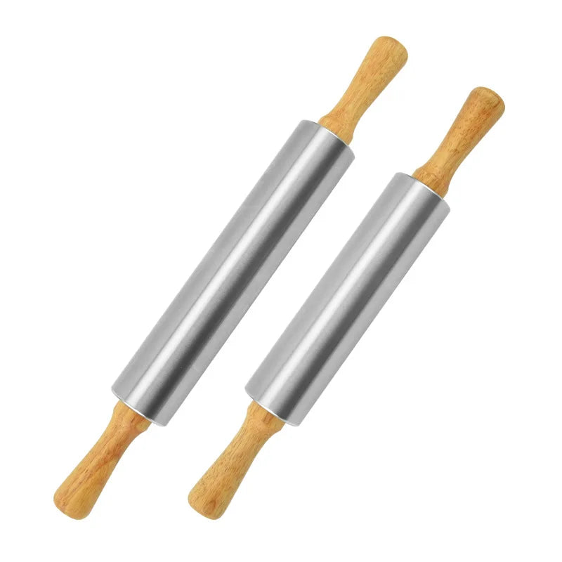 Stainless Steel Rolling Pin with Wooden Handles Baking Tool for Pizza Dough Tortillas Pie Crust Cookies Pasta